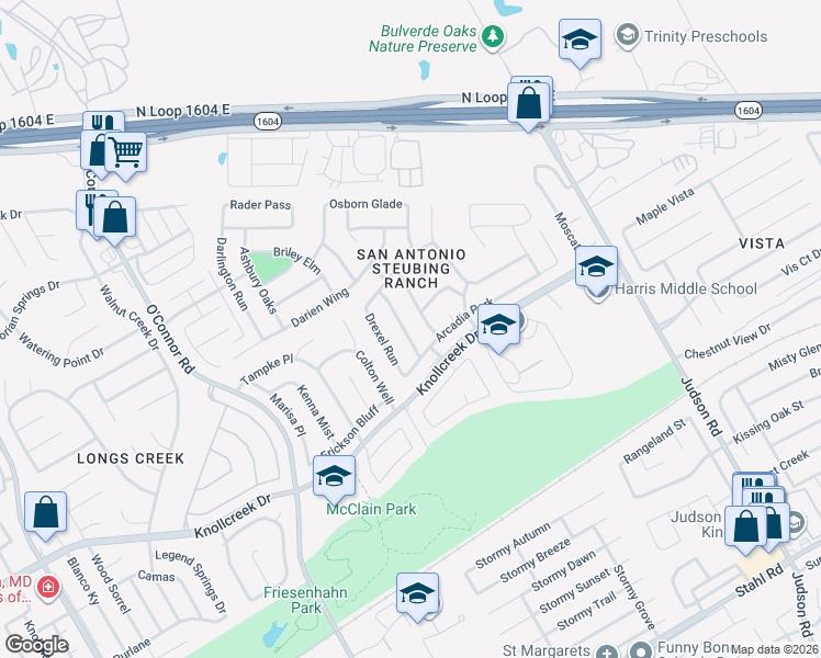 map of restaurants, bars, coffee shops, grocery stores, and more near 15826 Darlington Gap in San Antonio