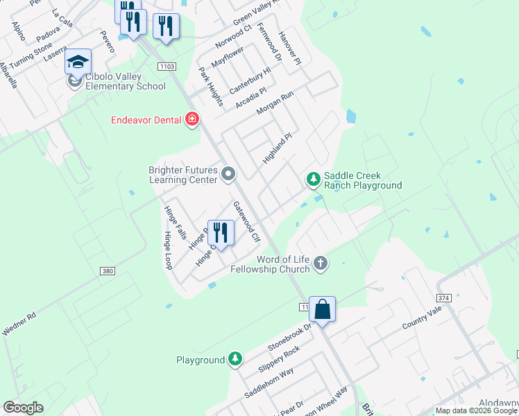 map of restaurants, bars, coffee shops, grocery stores, and more near 200 Dove Run in Cibolo
