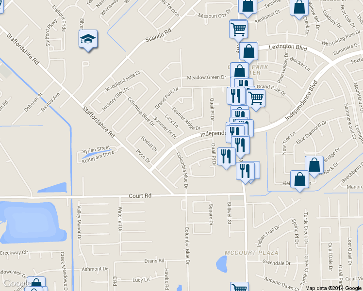 map of restaurants, bars, coffee shops, grocery stores, and more near 1858 Courtside Place Drive in Missouri City