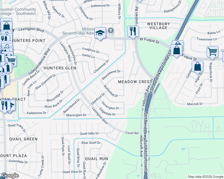 map of restaurants, bars, coffee shops, grocery stores, and more near 711 Glenford Drive in Missouri City