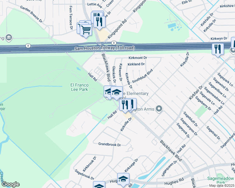 map of restaurants, bars, coffee shops, grocery stores, and more near 10210 Glenkirk Drive in Houston