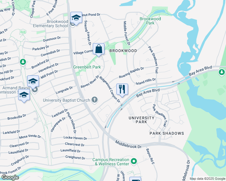 map of restaurants, bars, coffee shops, grocery stores, and more near 4002 Rustling Woods Court in Houston