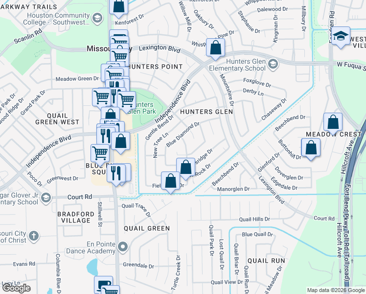 map of restaurants, bars, coffee shops, grocery stores, and more near 2223 Stonewood Lane in Missouri City