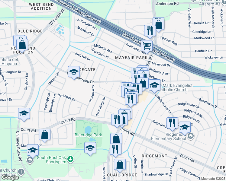 map of restaurants, bars, coffee shops, grocery stores, and more near 15927 Lenclaire Drive in Houston