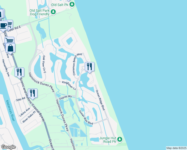 map of restaurants, bars, coffee shops, grocery stores, and more near 528 Cinnamon Beach Lane in Palm Coast