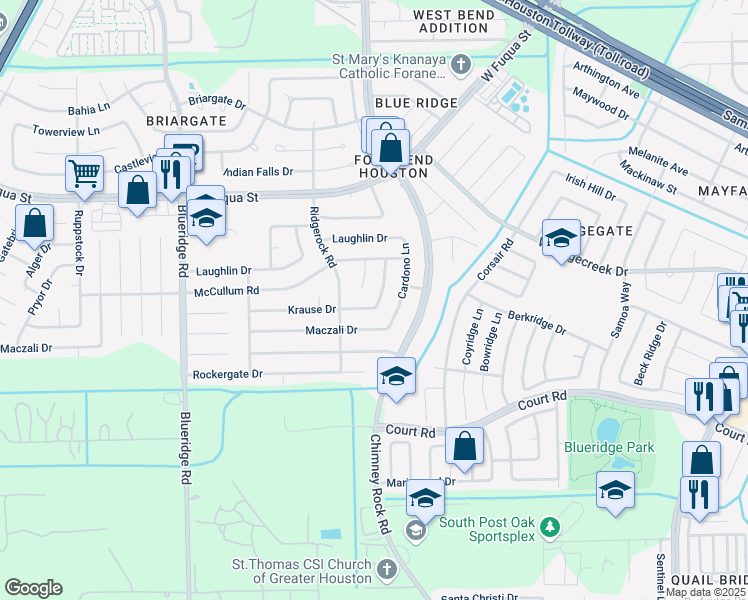 map of restaurants, bars, coffee shops, grocery stores, and more near 16806 Plagens Lane in Missouri City