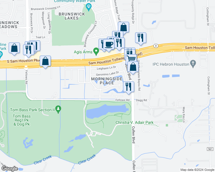 map of restaurants, bars, coffee shops, grocery stores, and more near 4135 President's Drive South in Houston