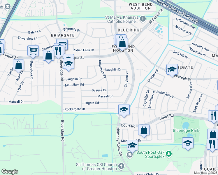 map of restaurants, bars, coffee shops, grocery stores, and more near 15911 Ridgerock Road in Missouri City