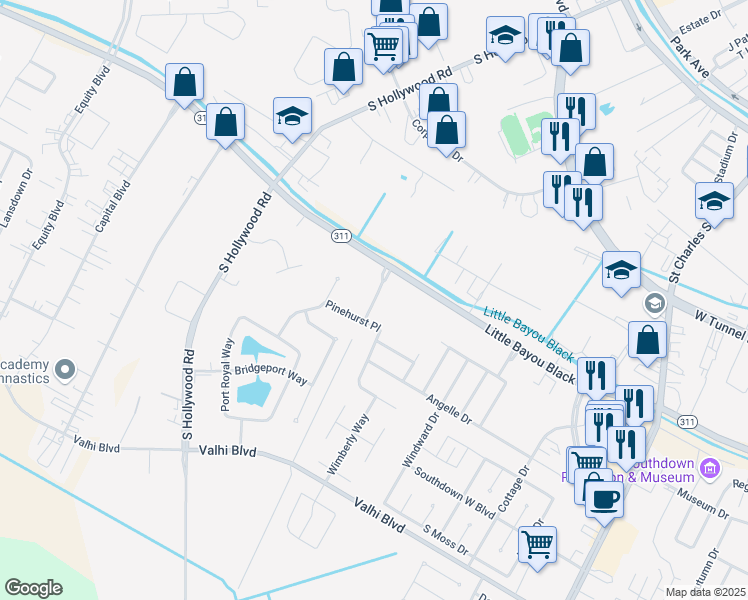 map of restaurants, bars, coffee shops, grocery stores, and more near 161 Valhi Lagoon Crossing in Houma