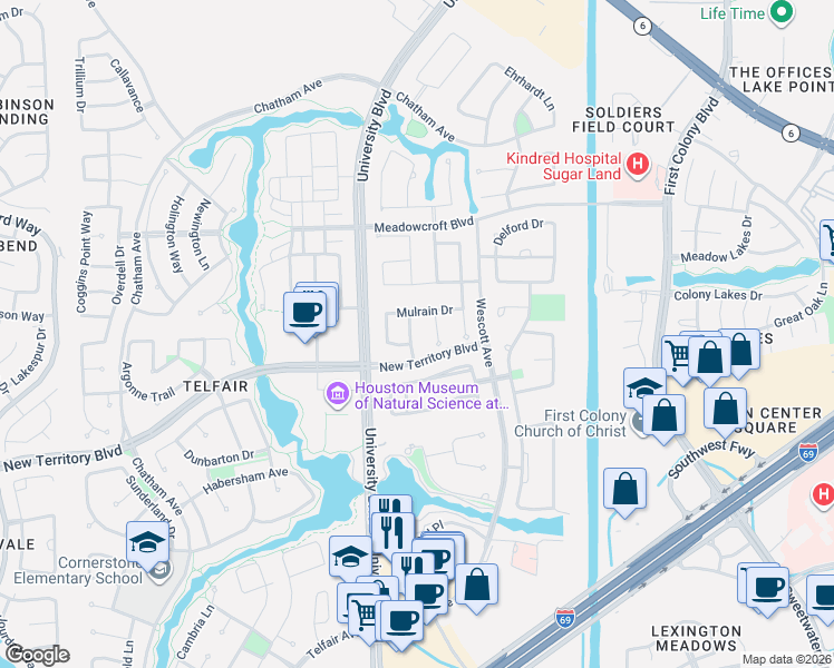 map of restaurants, bars, coffee shops, grocery stores, and more near 1214 Brompton Court in Sugar Land