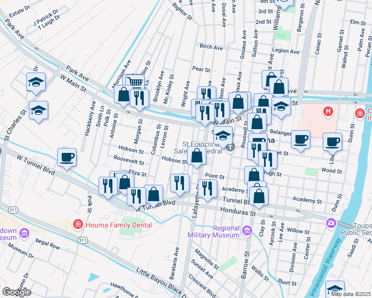 map of restaurants, bars, coffee shops, grocery stores, and more near 320 Barataria Avenue in Houma