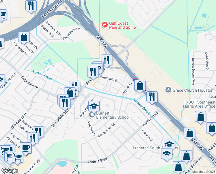 map of restaurants, bars, coffee shops, grocery stores, and more near 11810 Algonquin Drive in Houston