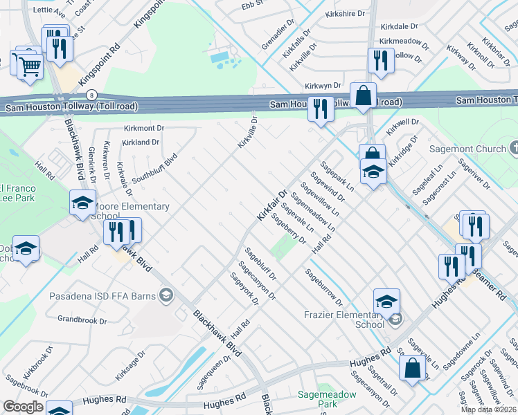 map of restaurants, bars, coffee shops, grocery stores, and more near 10531 Sageberry Drive in Houston
