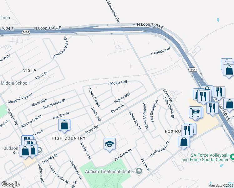 map of restaurants, bars, coffee shops, grocery stores, and more near 17010 Cortland Ridge in San Antonio