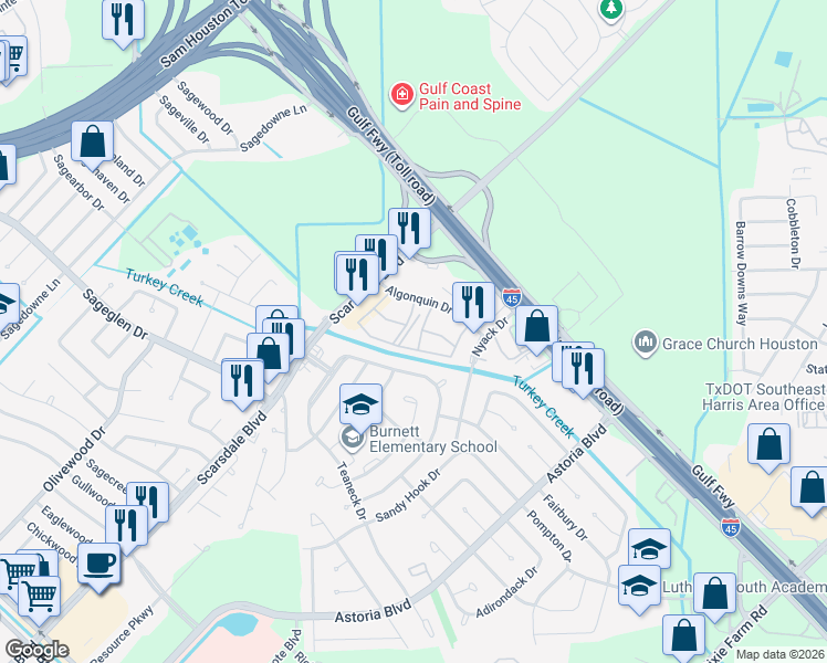 map of restaurants, bars, coffee shops, grocery stores, and more near 11810 Algonquin Drive in Houston
