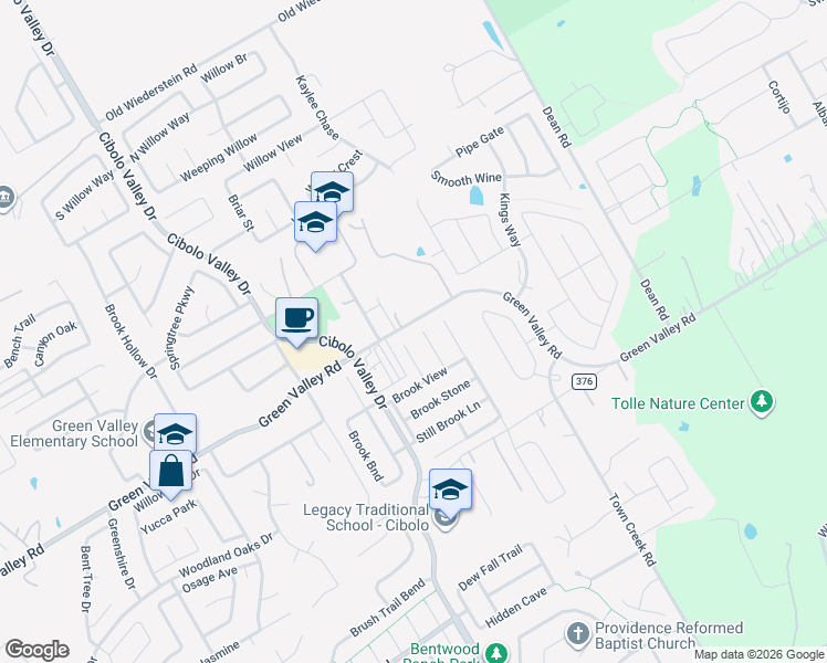map of restaurants, bars, coffee shops, grocery stores, and more near 144 Running Brook in Cibolo