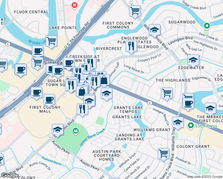 map of restaurants, bars, coffee shops, grocery stores, and more near 54 Grants Lake Circle in Sugar Land