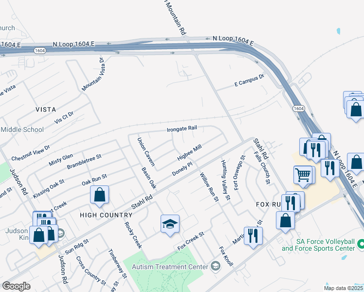 map of restaurants, bars, coffee shops, grocery stores, and more near 17010 Cortland Ridge in San Antonio