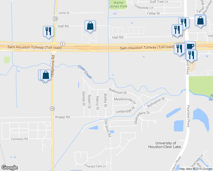 map of restaurants, bars, coffee shops, grocery stores, and more near 3507 Robinson Drive in Pearland