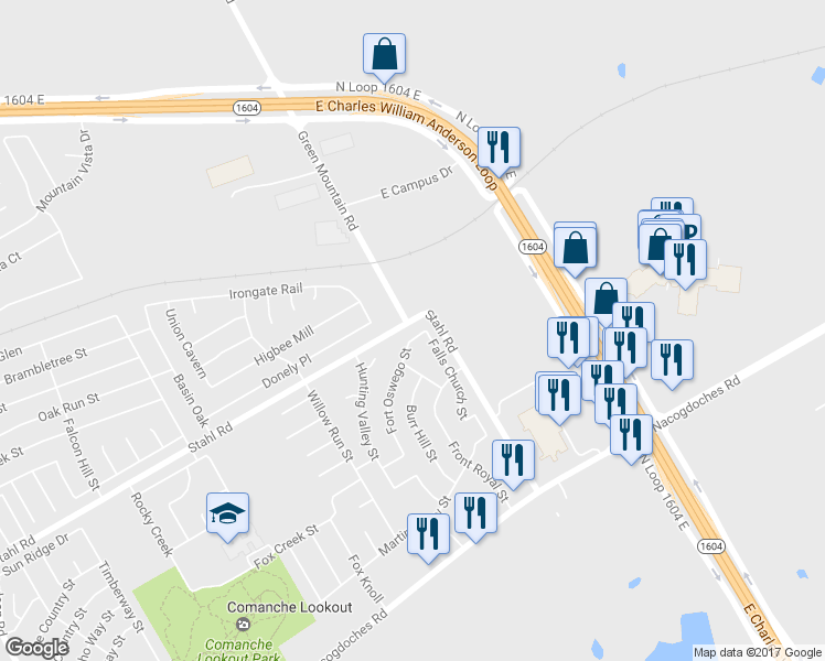 map of restaurants, bars, coffee shops, grocery stores, and more near 16819 Fort Oswego Street in San Antonio