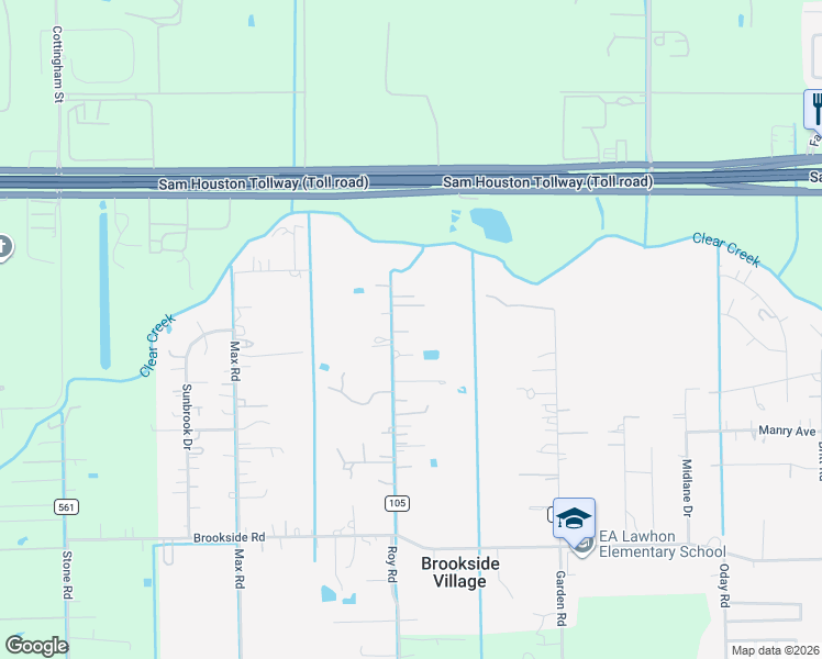 map of restaurants, bars, coffee shops, grocery stores, and more near 12409 Roy Road in Pearland