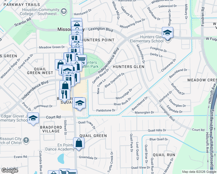 map of restaurants, bars, coffee shops, grocery stores, and more near 1339 Blue Diamond Drive in Missouri City