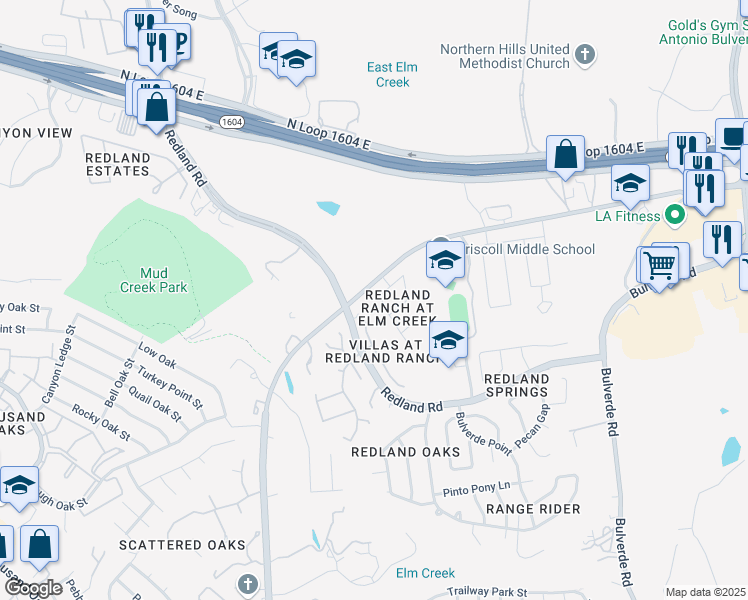 map of restaurants, bars, coffee shops, grocery stores, and more near 3423 Stallion Creek in San Antonio