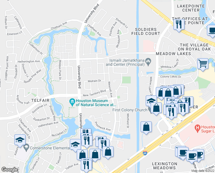 map of restaurants, bars, coffee shops, grocery stores, and more near 1215 Bainbridge Drive in Sugar Land