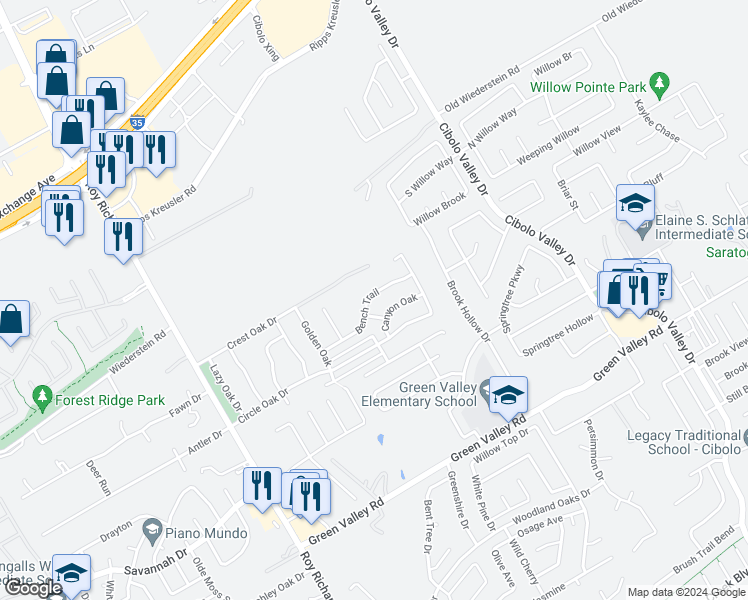 map of restaurants, bars, coffee shops, grocery stores, and more near 1608 Bench Trail in Schertz
