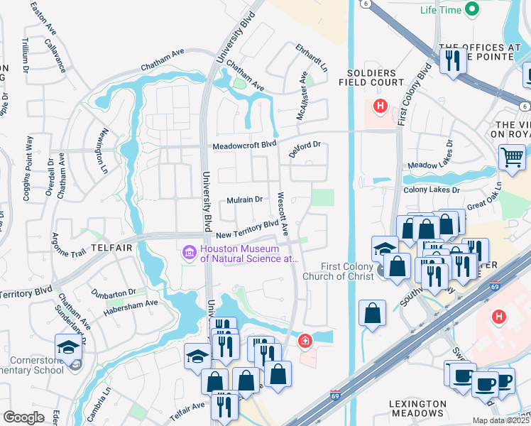 map of restaurants, bars, coffee shops, grocery stores, and more near 1215 Bainbridge Drive in Sugar Land