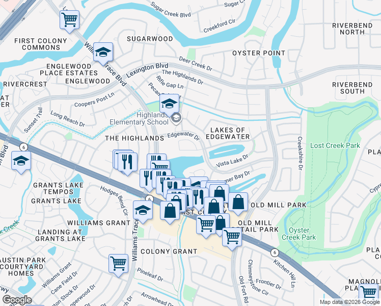 map of restaurants, bars, coffee shops, grocery stores, and more near 3122 Waters Way Drive in Sugar Land
