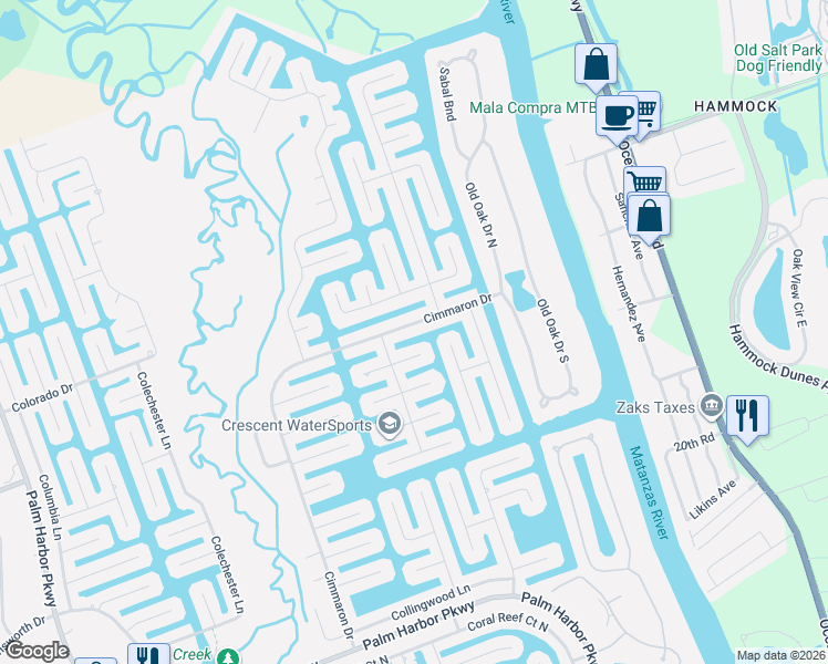 map of restaurants, bars, coffee shops, grocery stores, and more near 110 Cimmaron Drive in Palm Coast
