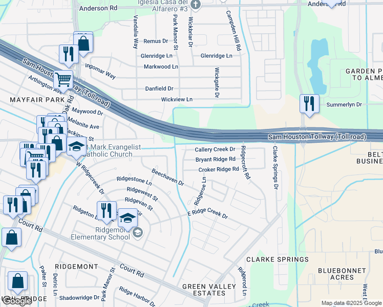 map of restaurants, bars, coffee shops, grocery stores, and more near 4942 Bryant Ridge Road in Houston