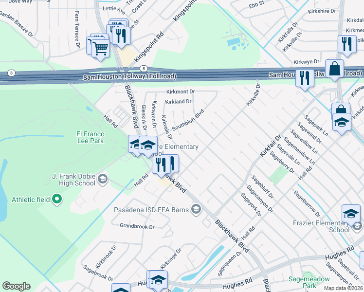map of restaurants, bars, coffee shops, grocery stores, and more near 10311 Kirkvale Drive in Houston