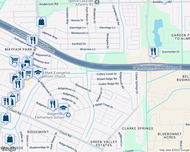 map of restaurants, bars, coffee shops, grocery stores, and more near 4942 Bryant Ridge Road in Houston