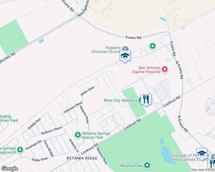 map of restaurants, bars, coffee shops, grocery stores, and more near 16845 Showdown Path in Selma