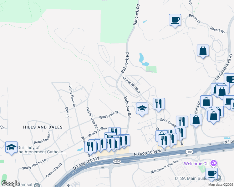 map of restaurants, bars, coffee shops, grocery stores, and more near 16011 Babcock Road in San Antonio