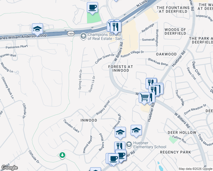 map of restaurants, bars, coffee shops, grocery stores, and more near 16 Aspen Creek Drive in San Antonio