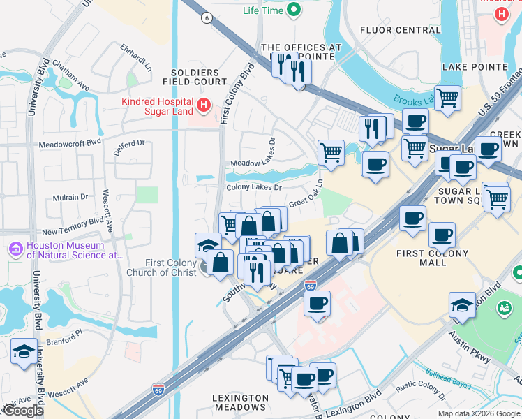 map of restaurants, bars, coffee shops, grocery stores, and more near in Sugar Land