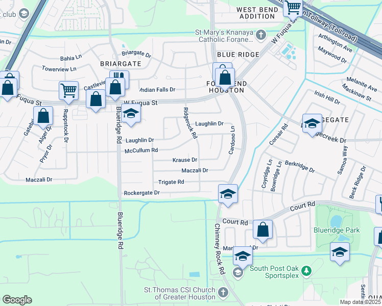 map of restaurants, bars, coffee shops, grocery stores, and more near 6802 Krause Drive in Missouri City