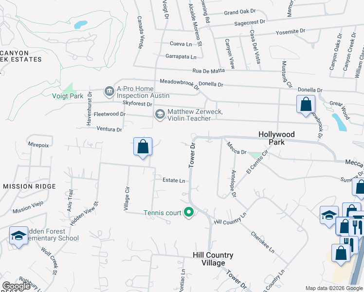 map of restaurants, bars, coffee shops, grocery stores, and more near 418 Tower Drive in San Antonio
