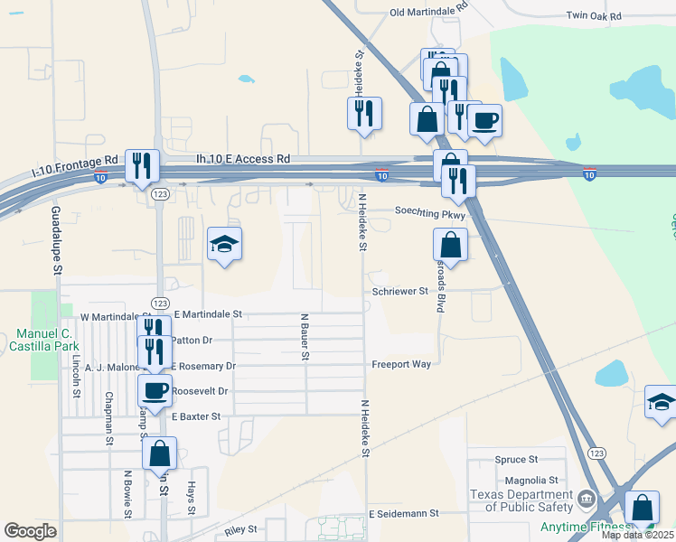 map of restaurants, bars, coffee shops, grocery stores, and more near 2464 North Heideke Street in Seguin