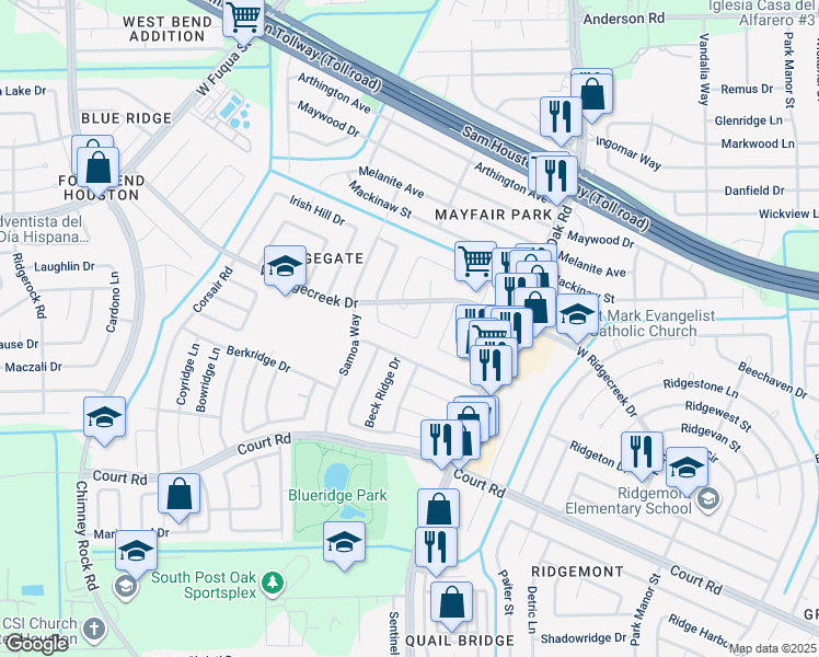 map of restaurants, bars, coffee shops, grocery stores, and more near 15927 Lenclaire Drive in Houston