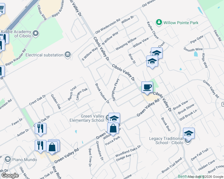 map of restaurants, bars, coffee shops, grocery stores, and more near 153 Springtree Parkway in Cibolo