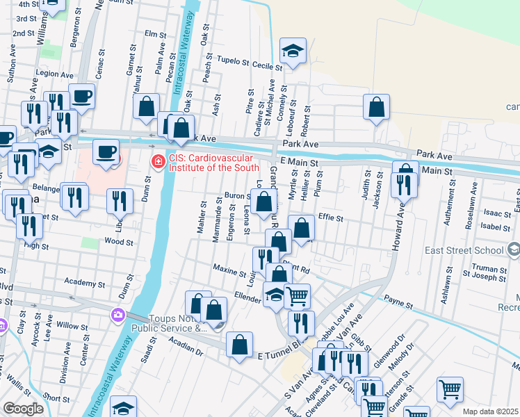 map of restaurants, bars, coffee shops, grocery stores, and more near 300 Louise Street in Houma