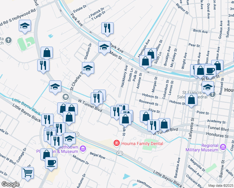 map of restaurants, bars, coffee shops, grocery stores, and more near 160-198 Hackberry Avenue in Houma