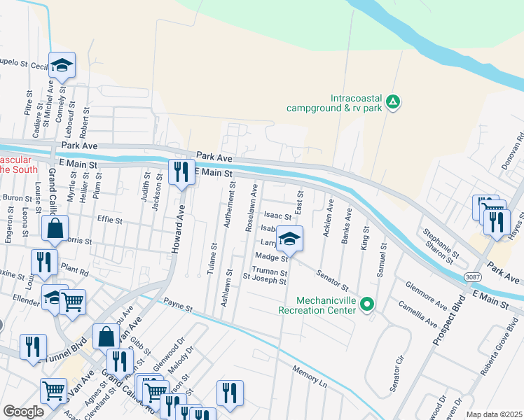 map of restaurants, bars, coffee shops, grocery stores, and more near West St in Houma
