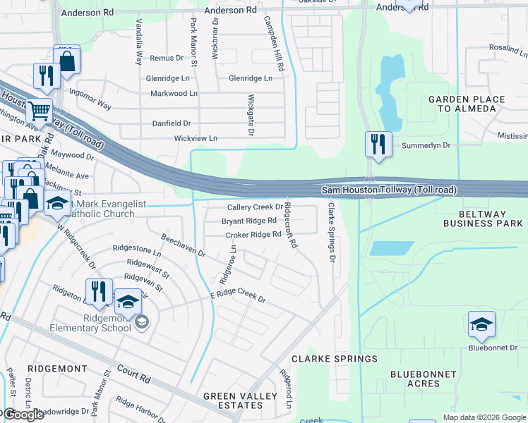 map of restaurants, bars, coffee shops, grocery stores, and more near 4810 Bryant Ridge Road in Houston