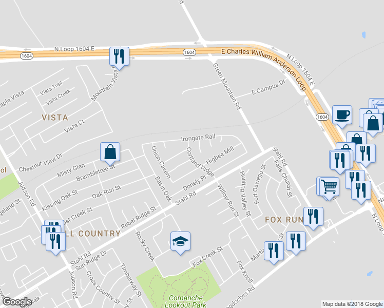 map of restaurants, bars, coffee shops, grocery stores, and more near 17010 Cortland Ridge in San Antonio