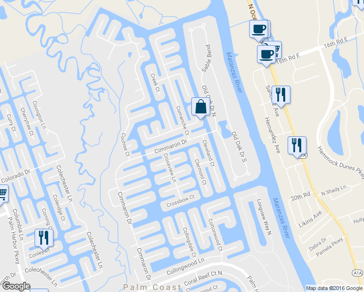map of restaurants, bars, coffee shops, grocery stores, and more near 110 Cimmaron Drive in Palm Coast